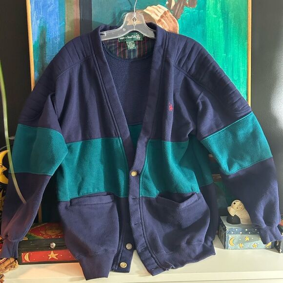 Vintage 80s 90s Classic Navy and Teal Cardigan by Knights Of Round Table Size M - Picture 9 of 15